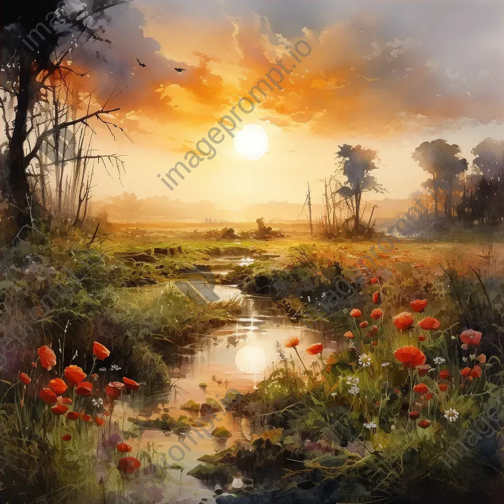 Overgrown battlefield under a brilliant sunrise, depicting nature