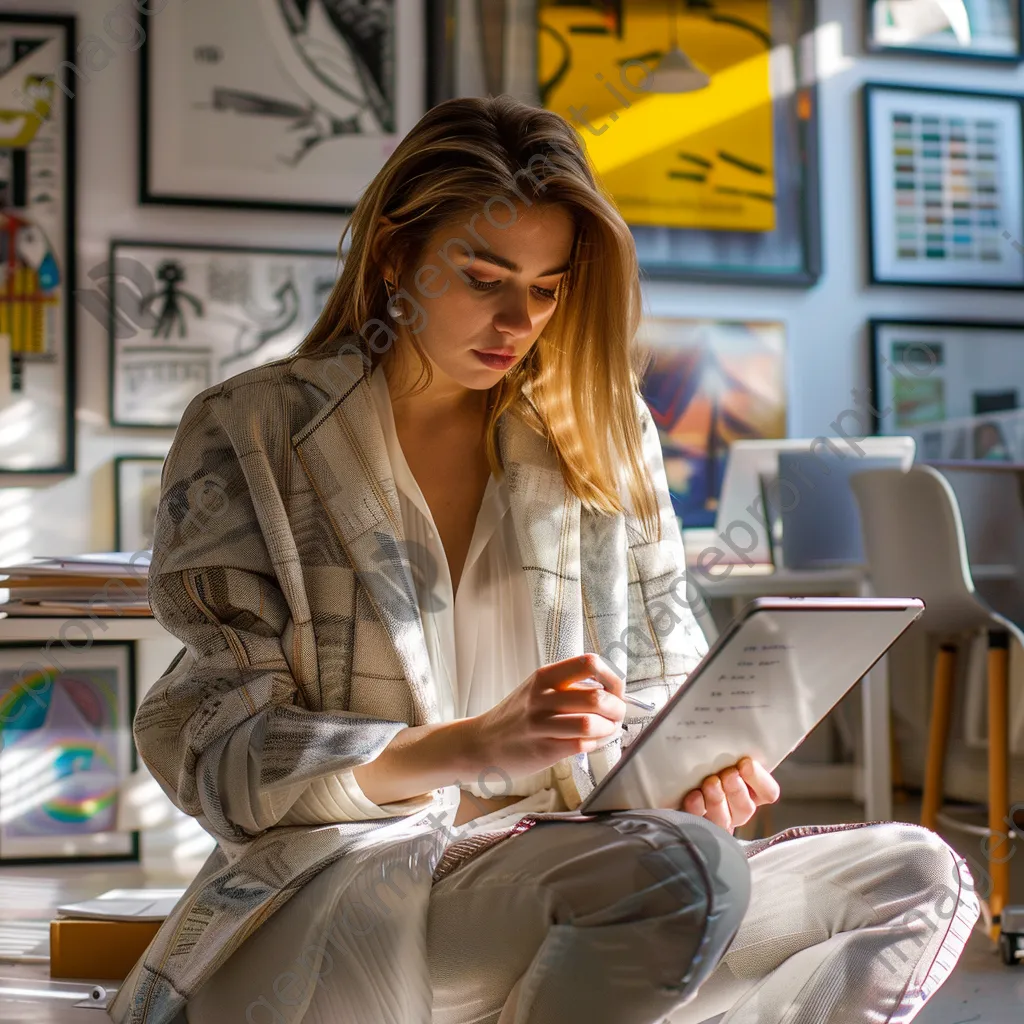 Designer sketching ideas on a tablet in a lively co-working space. - Image 1