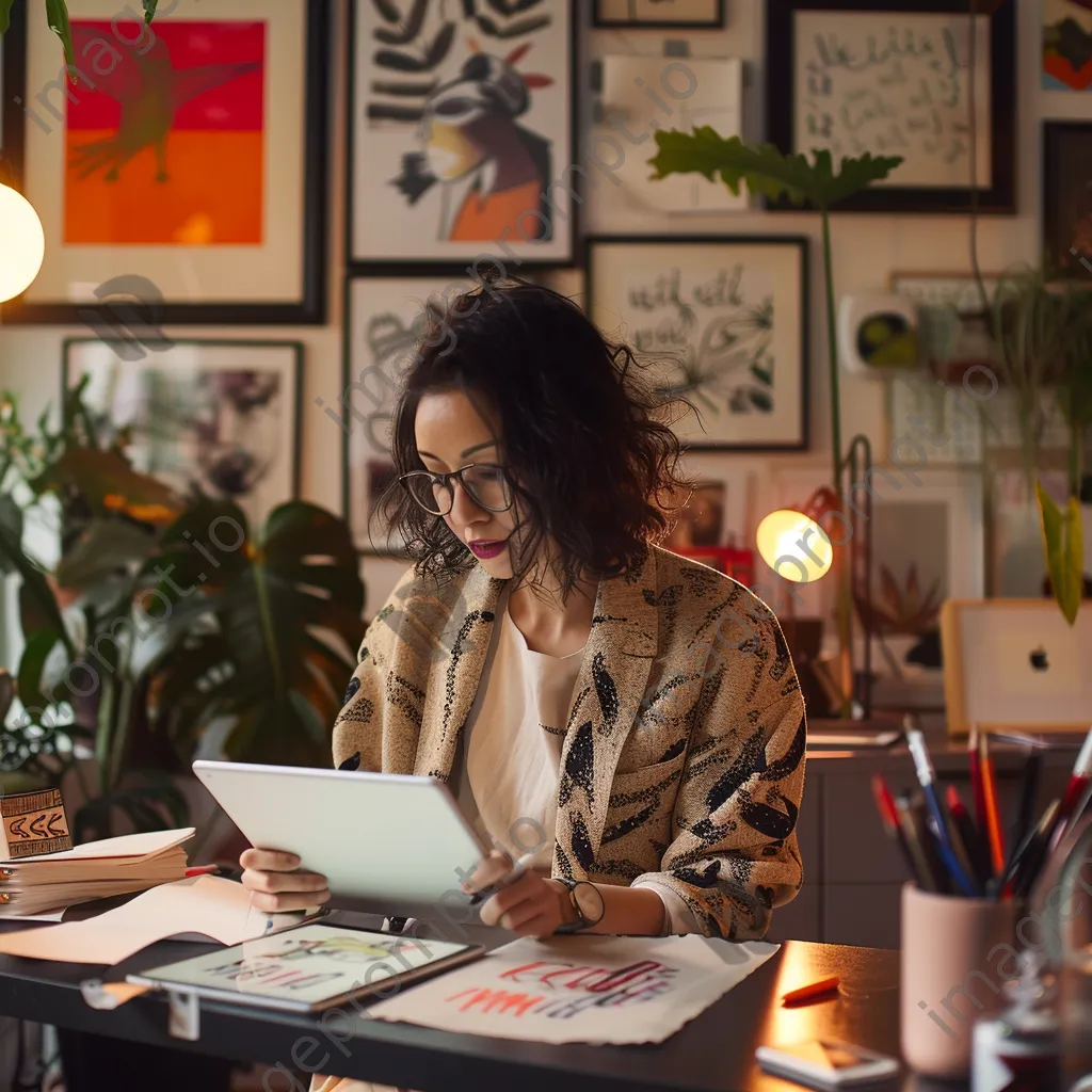 Designer sketching ideas on a tablet in a lively co-working space. - Image 2