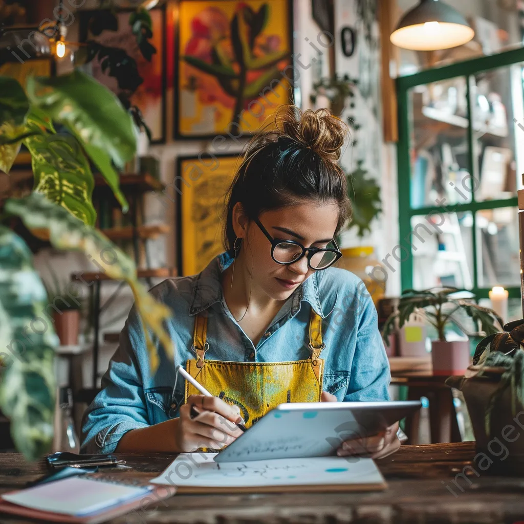 Designer sketching ideas on a tablet in a lively co-working space. - Image 4