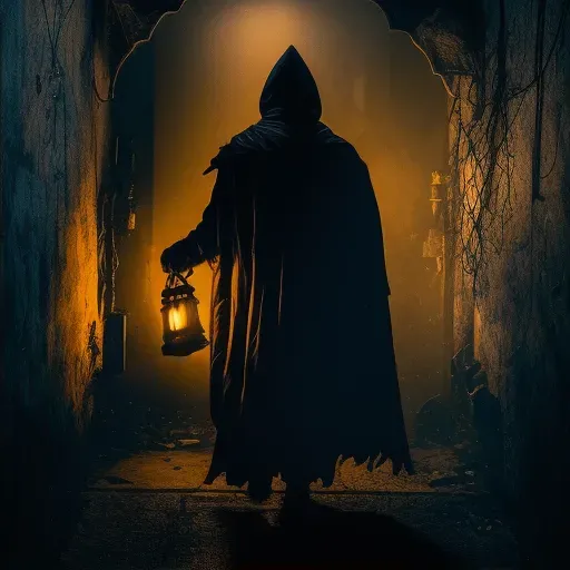 Image of a mysterious figure in a cloak holding a lantern casting shadows forming a prophecy - Image 2