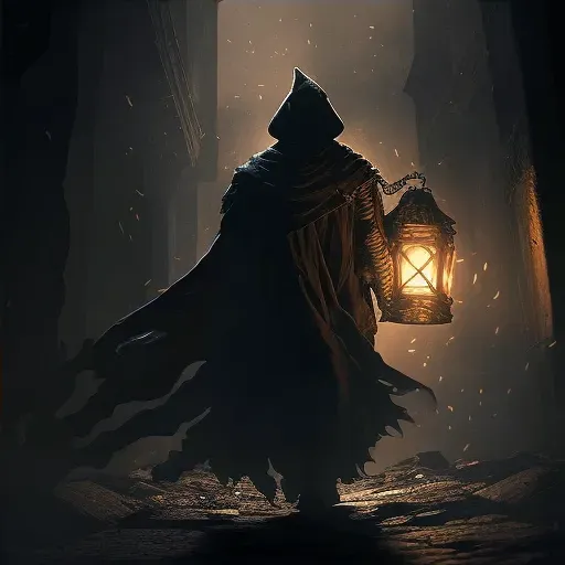 Image of a mysterious figure in a cloak holding a lantern casting shadows forming a prophecy - Image 4