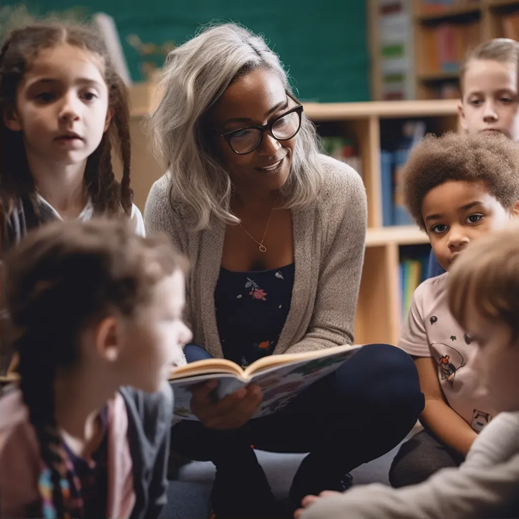 Teacher reading to diverse group of students in a classroom. - Image 2