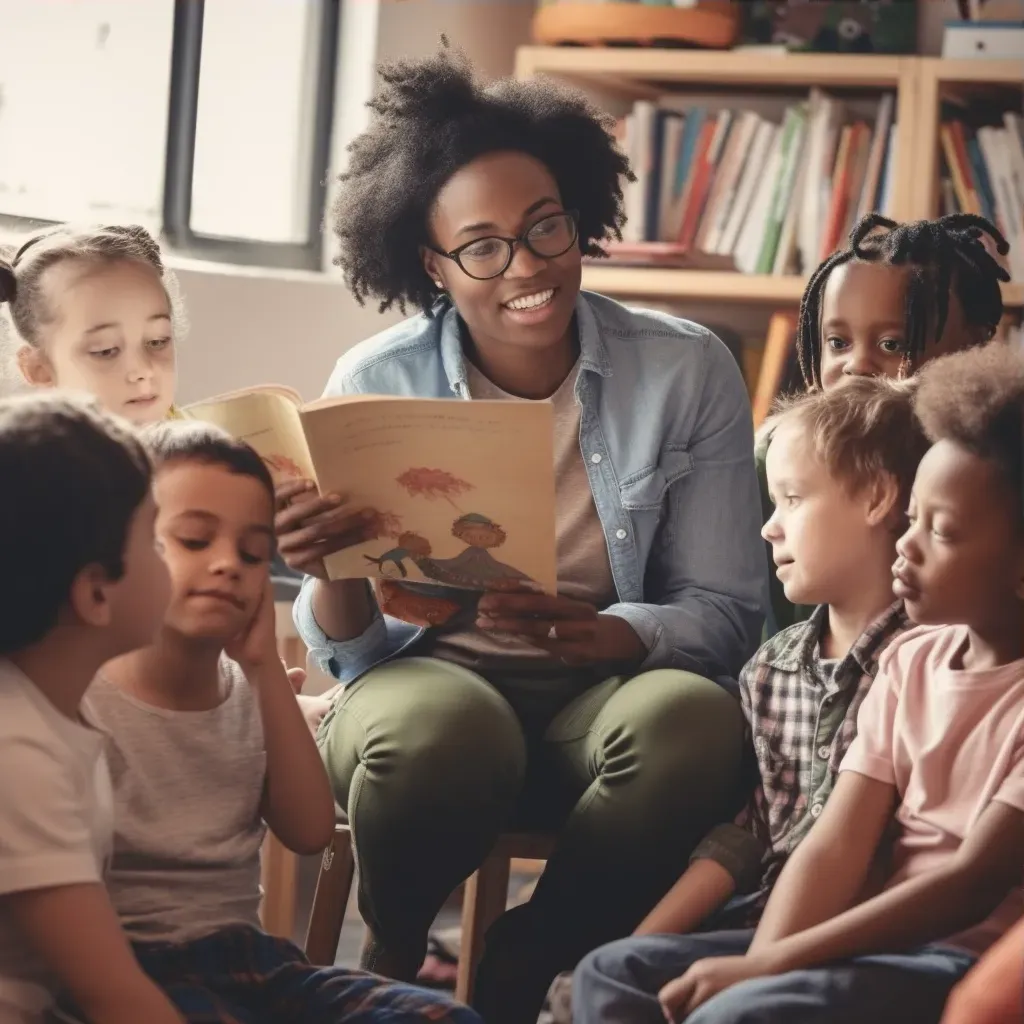 Teacher reading to diverse group of students in a classroom. - Image 3