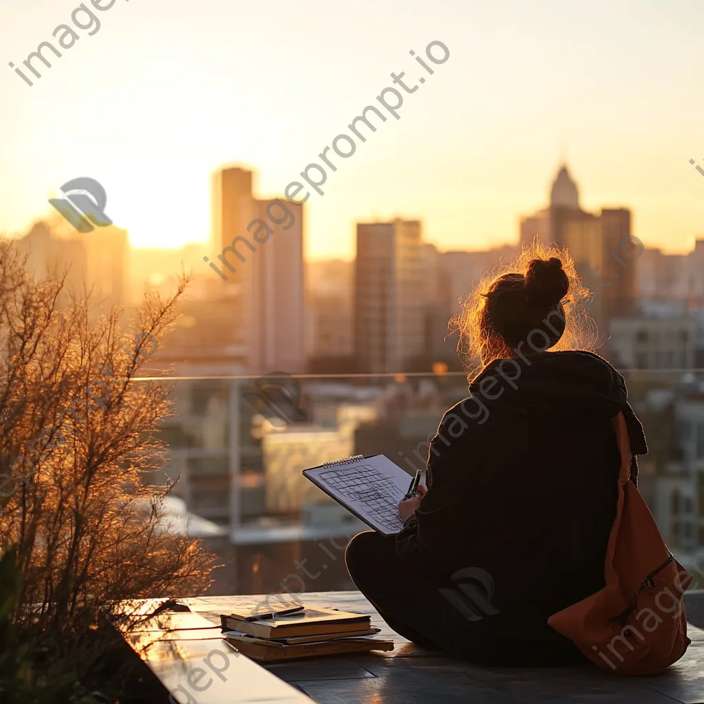 Freelancer sketching on a rooftop terrace with skyline - Image 2