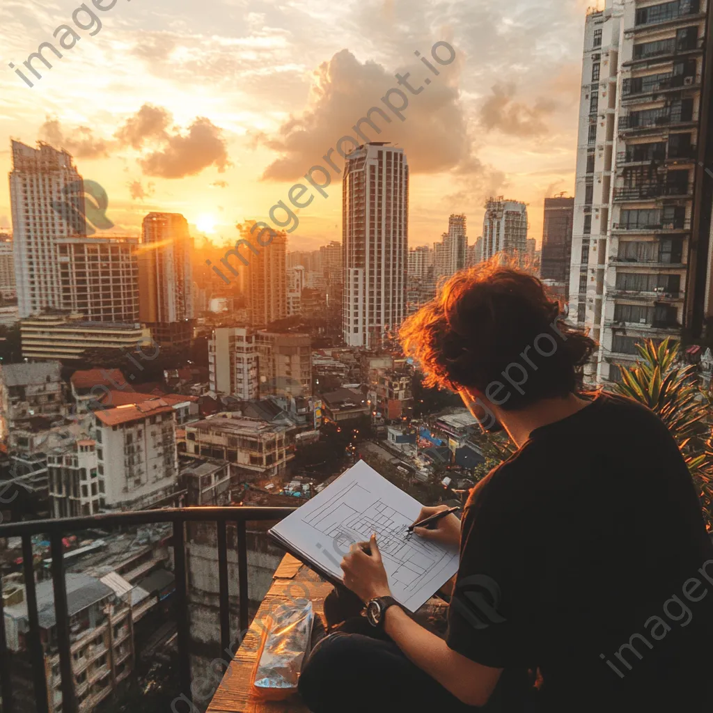 Freelancer sketching on a rooftop terrace with skyline - Image 3