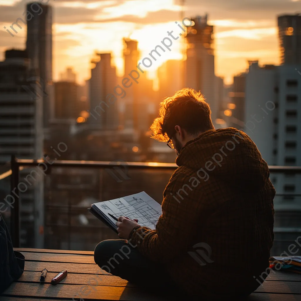 Freelancer sketching on a rooftop terrace with skyline - Image 4