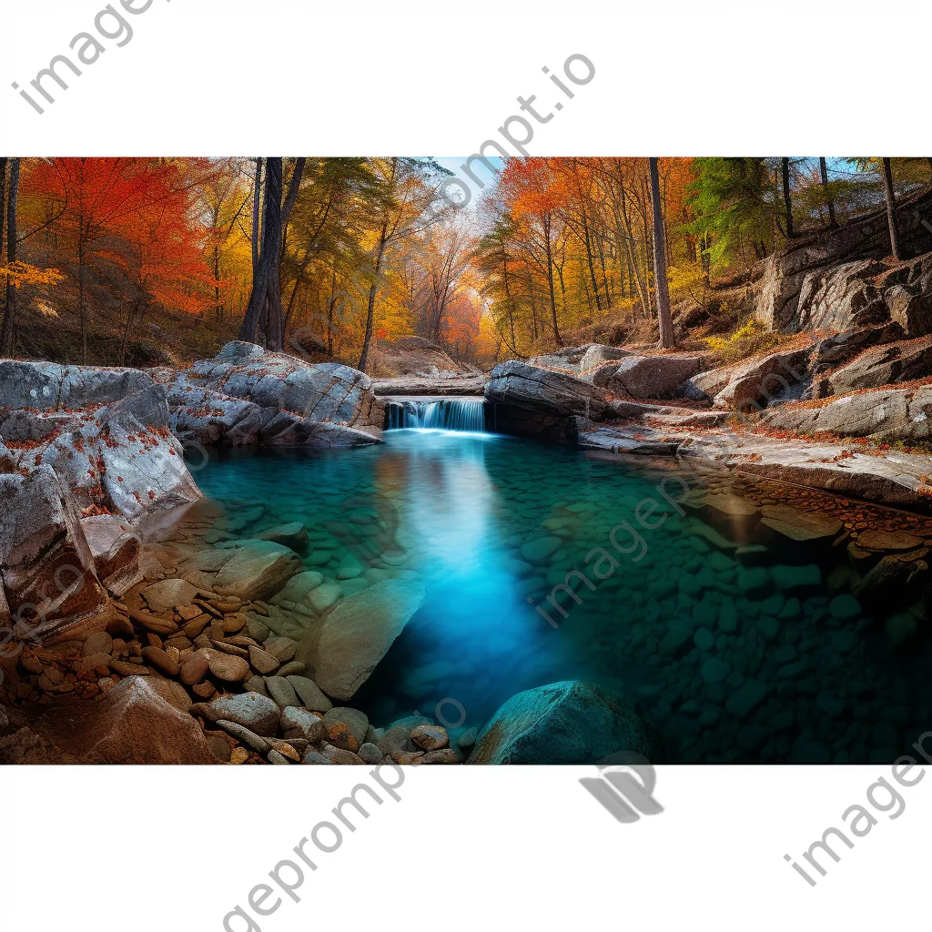 Cascading spring water flowing into a serene pool with autumn colors - Image 1