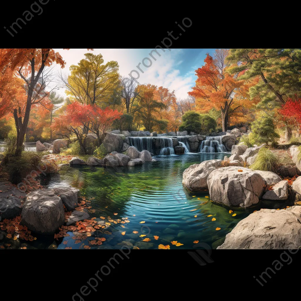 Cascading spring water flowing into a serene pool with autumn colors - Image 3