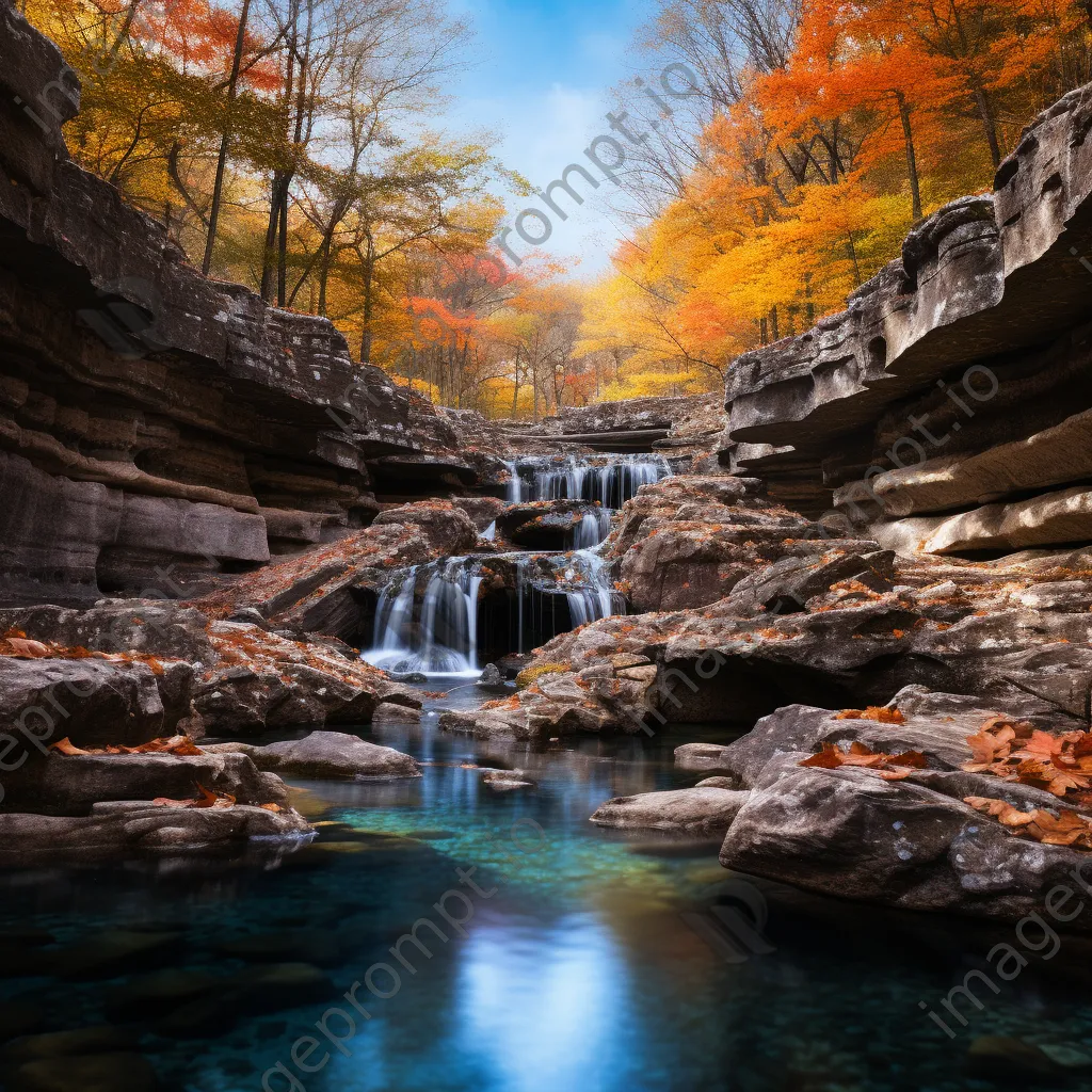 Cascading spring water flowing into a serene pool with autumn colors - Image 4