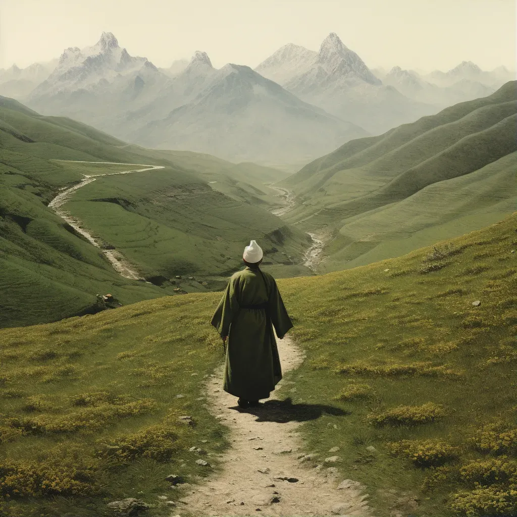 Woman on pilgrimage to sacred mountain peak along winding path - Image 1