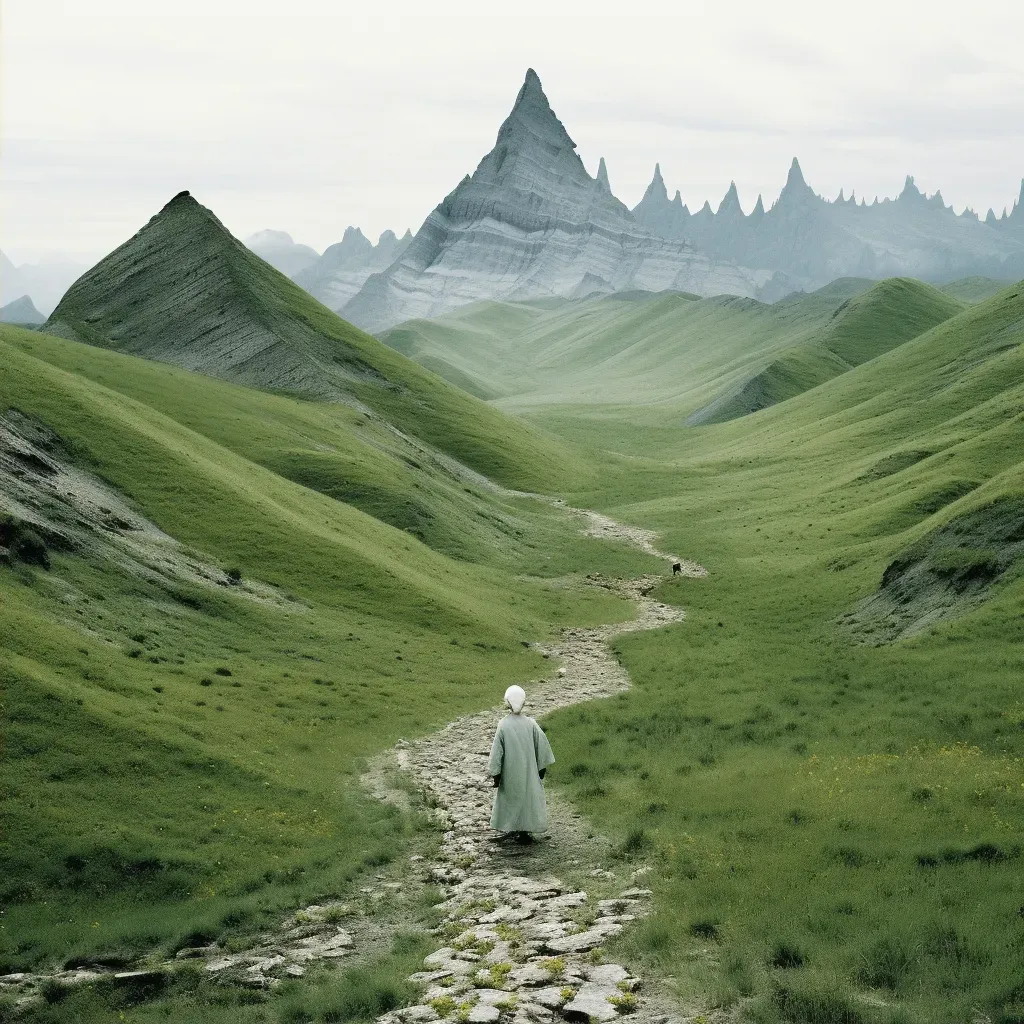 Woman on Pilgrimage to Sacred Mountain Peak Along Winding Path