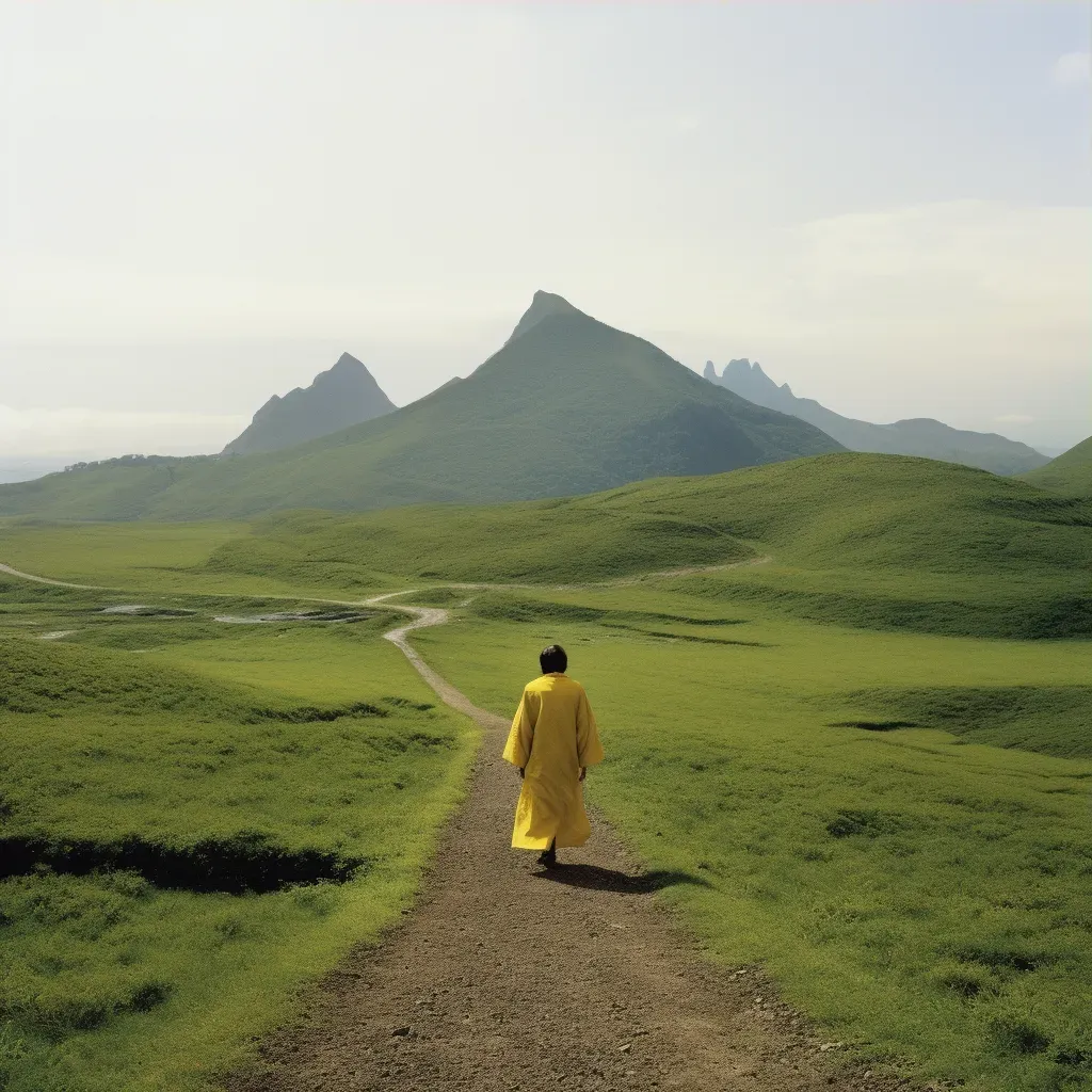 Woman on pilgrimage to sacred mountain peak along winding path - Image 3