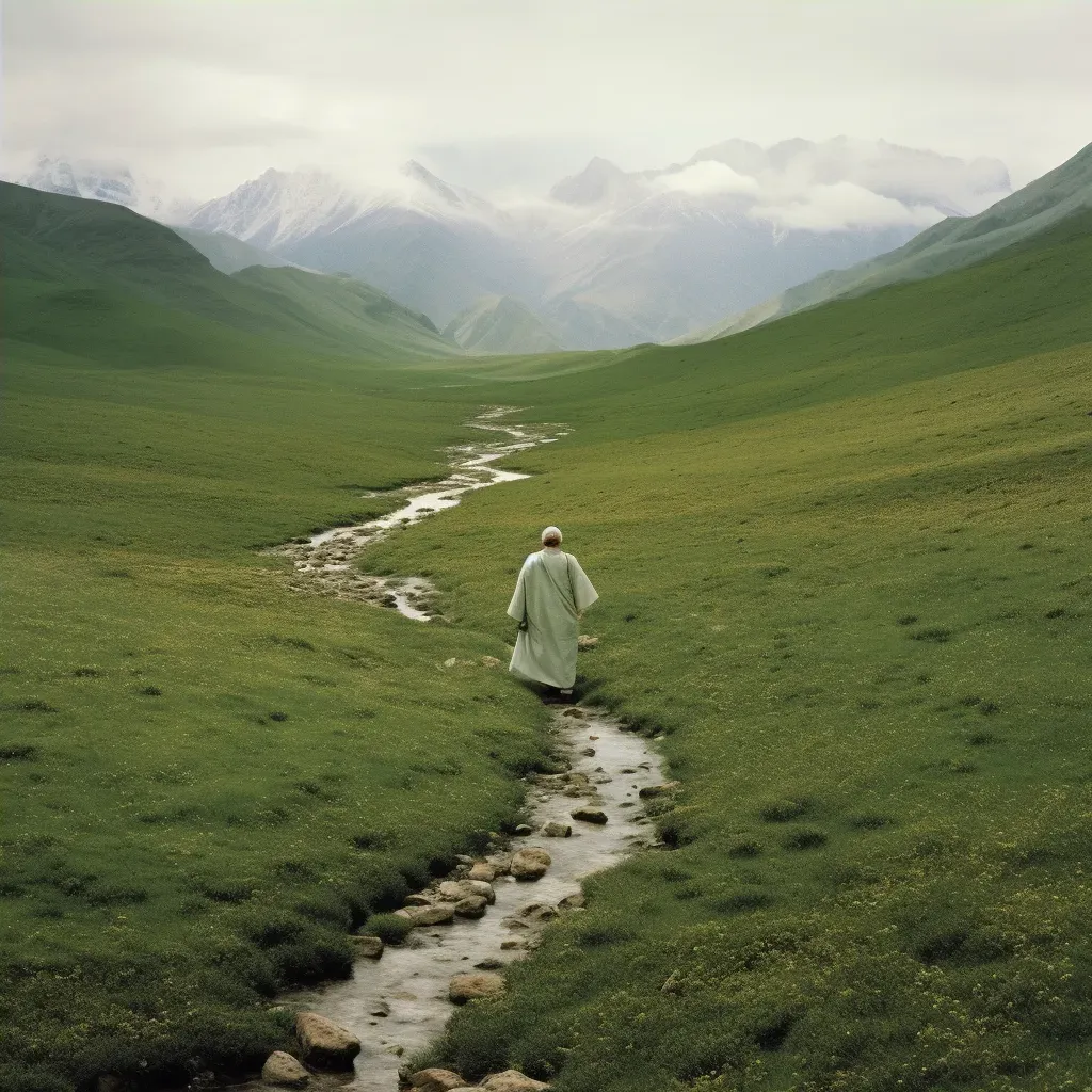 Woman on pilgrimage to sacred mountain peak along winding path - Image 4