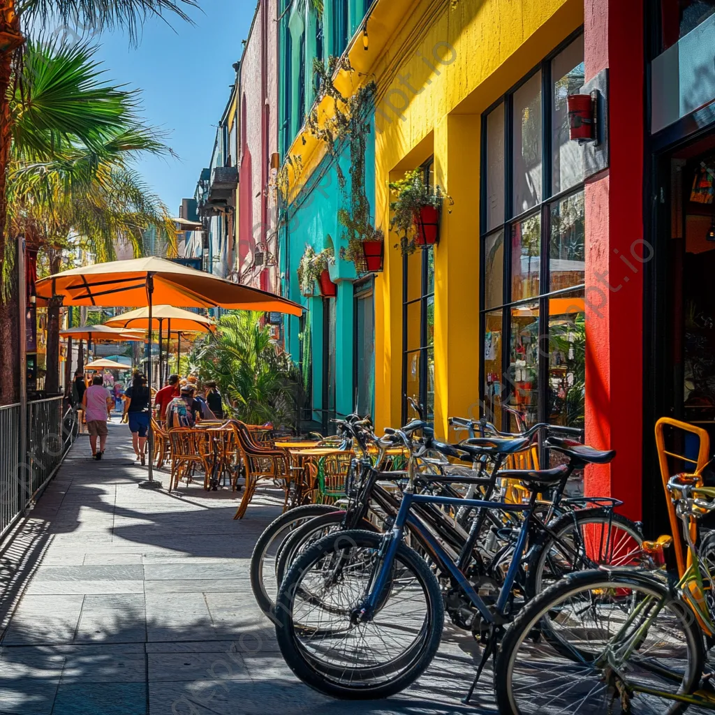 Eclectic city bikes parked near colorful cafes on a sunny day - Image 1