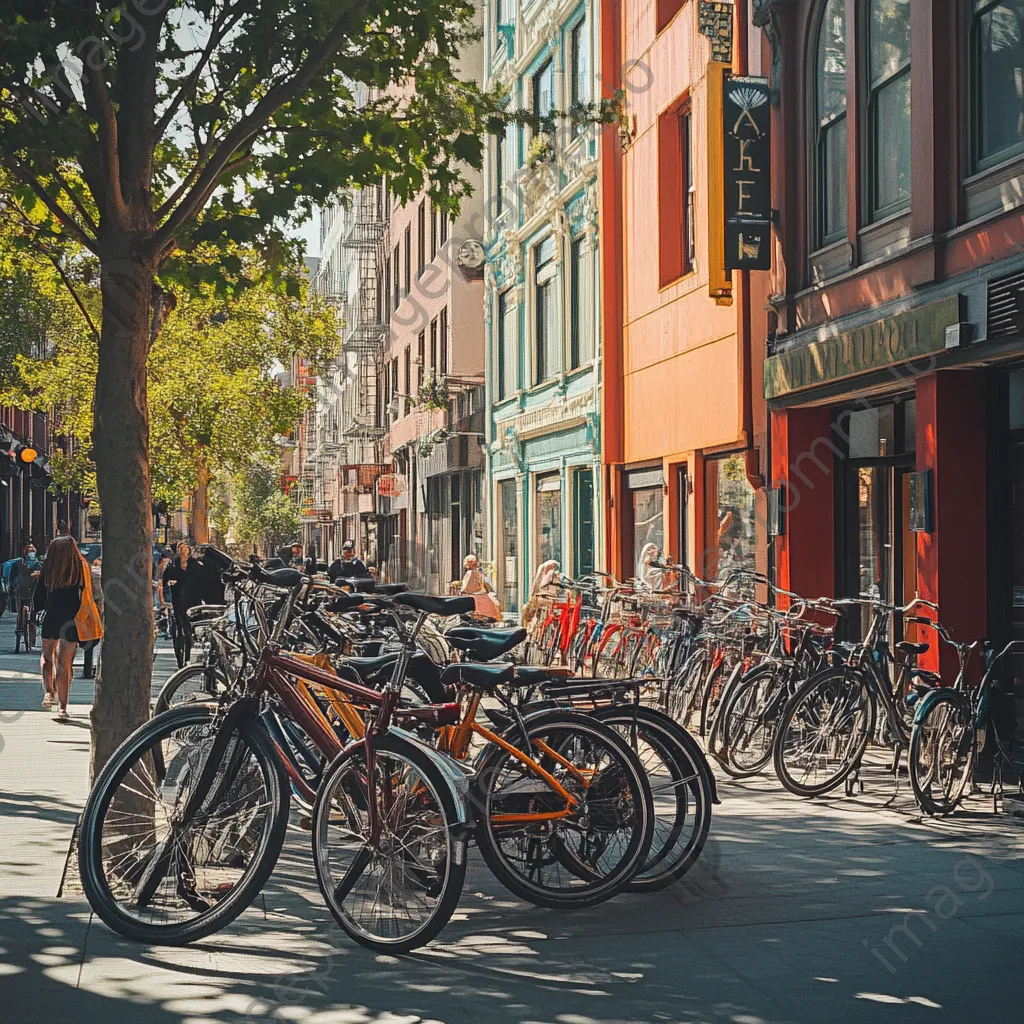 Eclectic city bikes parked near colorful cafes on a sunny day - Image 2