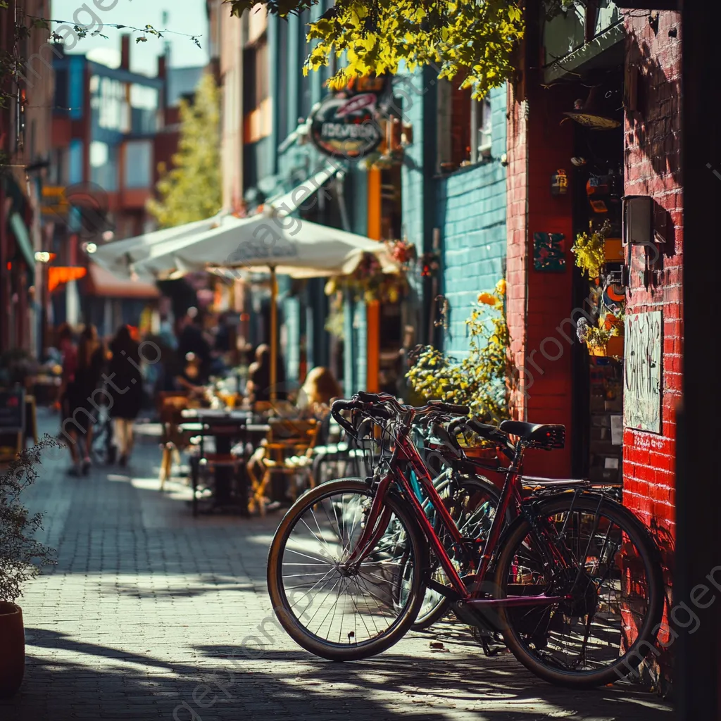 Eclectic city bikes parked near colorful cafes on a sunny day - Image 3