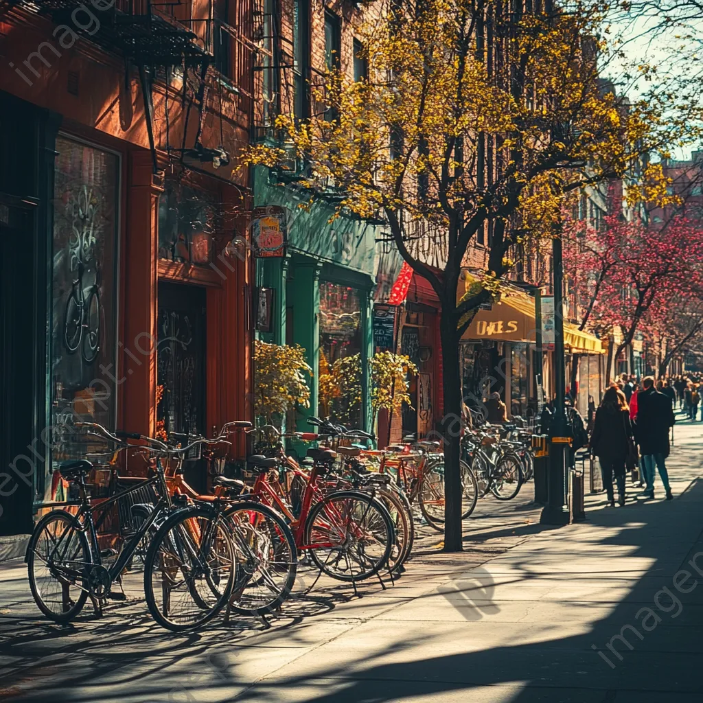 Eclectic city bikes parked near colorful cafes on a sunny day - Image 4