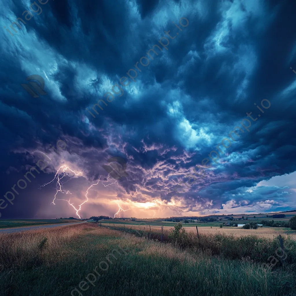 Dramatic stormy sky with lightning over a rural landscape. - Image 1