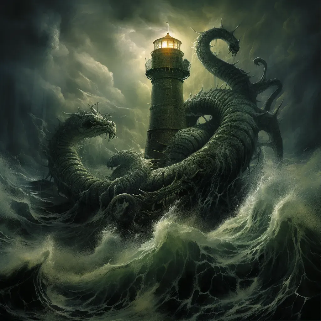 Sea serpent wrapped around lighthouse during a thunderstorm - Image 1