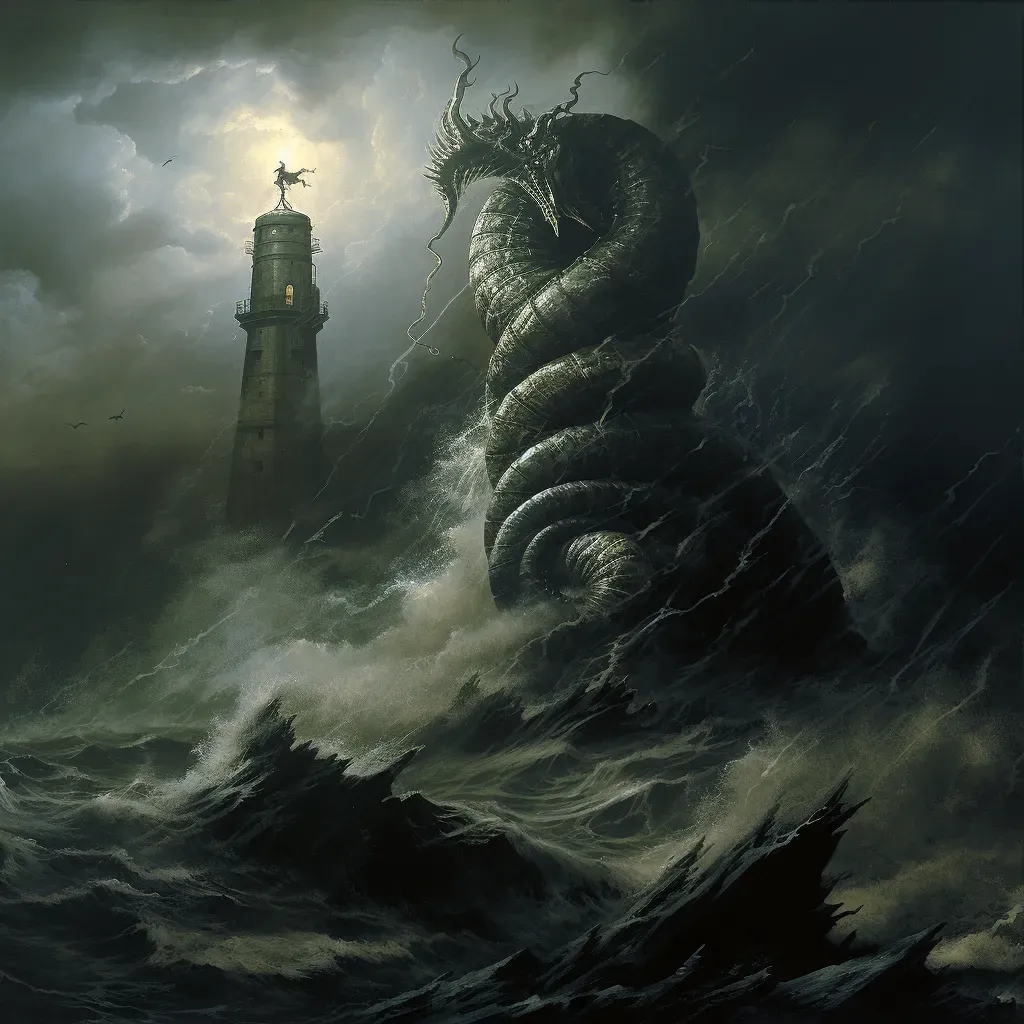 Sea serpent wrapped around lighthouse during a thunderstorm - Image 3