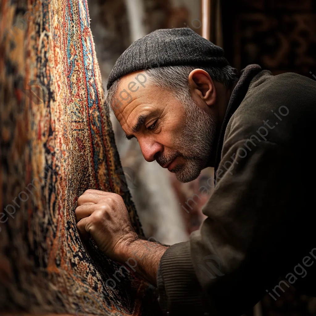 Artisan inspecting a completed handmade carpet. - Image 1