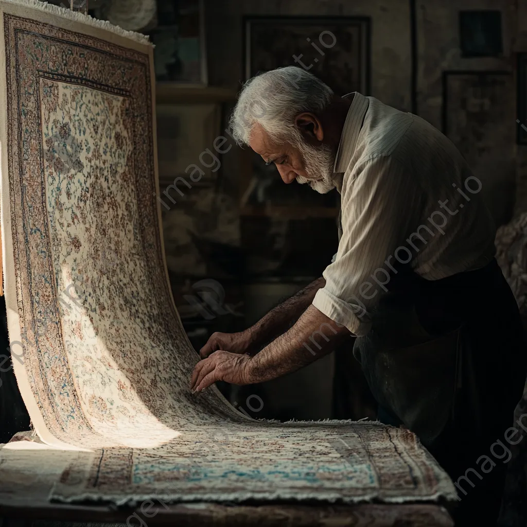 Artisan inspecting a completed handmade carpet. - Image 2