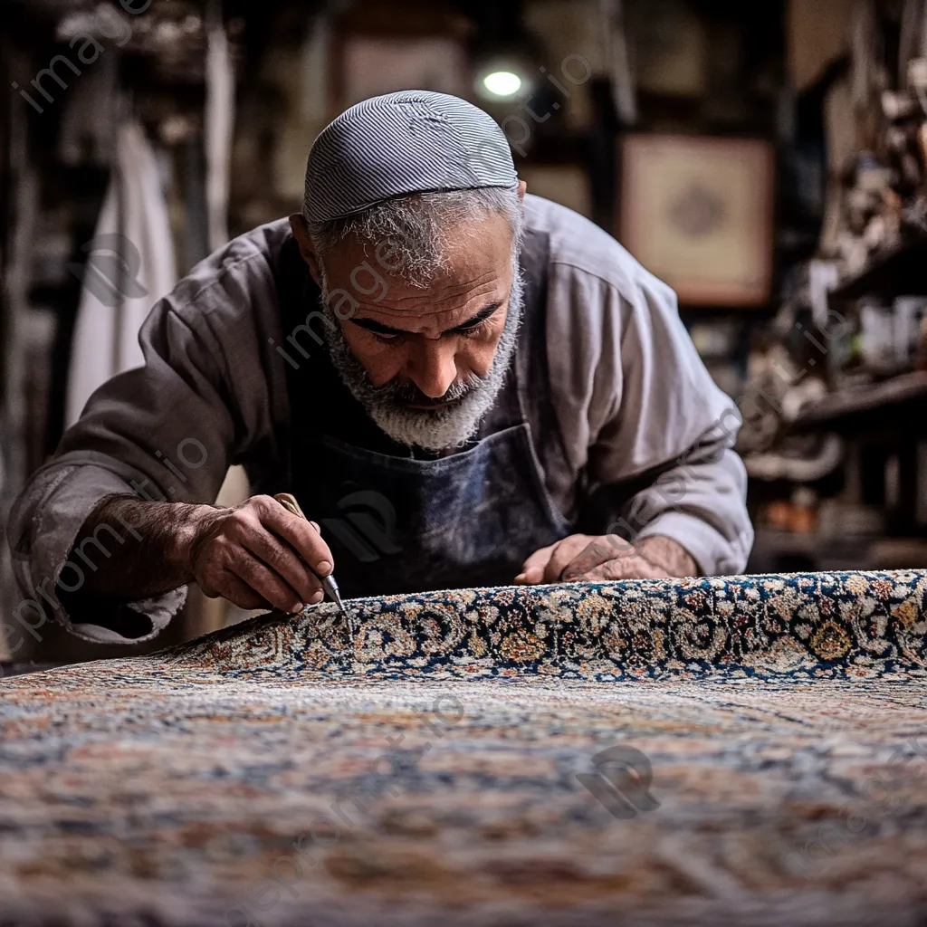 Artisan inspecting a completed handmade carpet. - Image 3