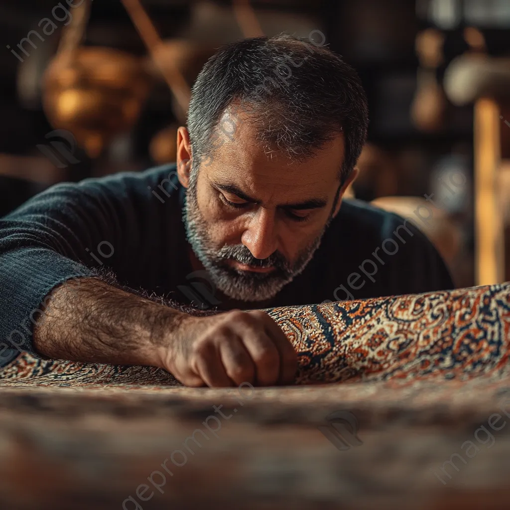 Artisan inspecting a completed handmade carpet. - Image 4