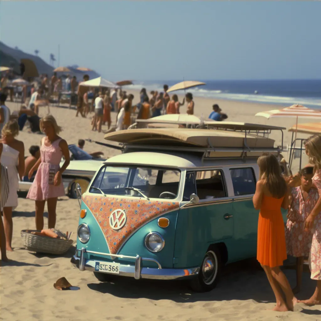 Image of a 1960s beach party scene with vintage surfboards and colorful bikinis - Image 4