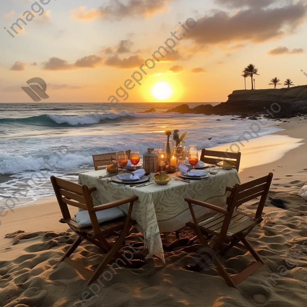 Outdoor beachfront dining with families enjoying seafood at sunset - Image 1