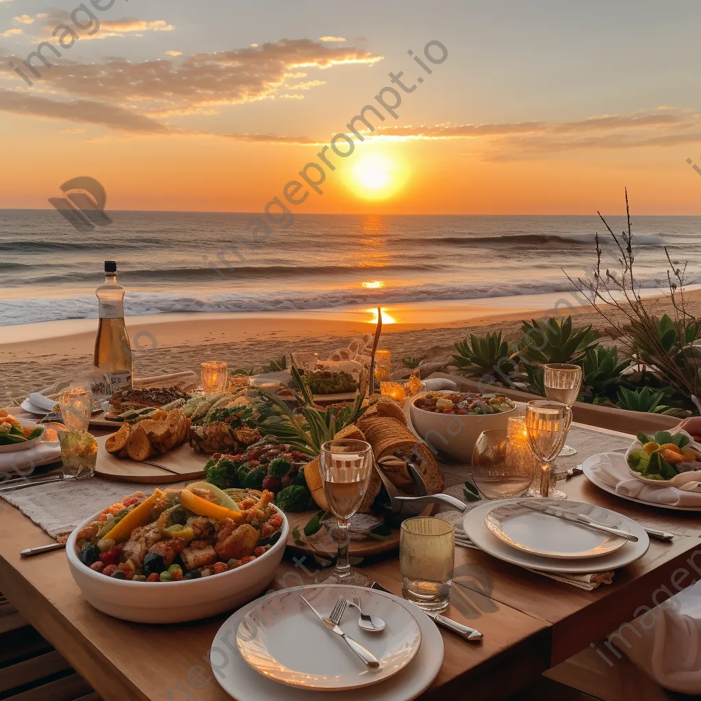 Outdoor beachfront dining with families enjoying seafood at sunset - Image 2