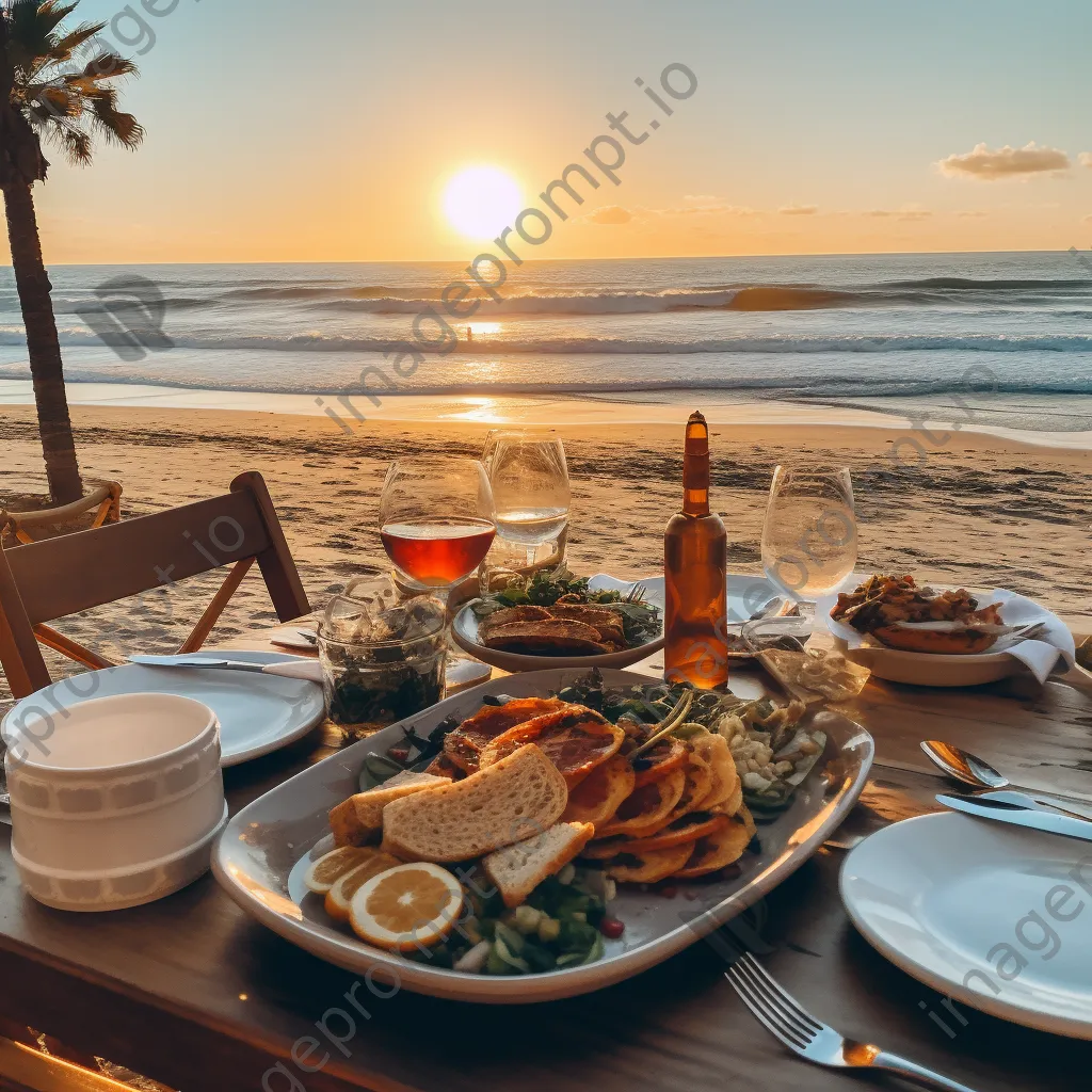 Outdoor beachfront dining with families enjoying seafood at sunset - Image 3