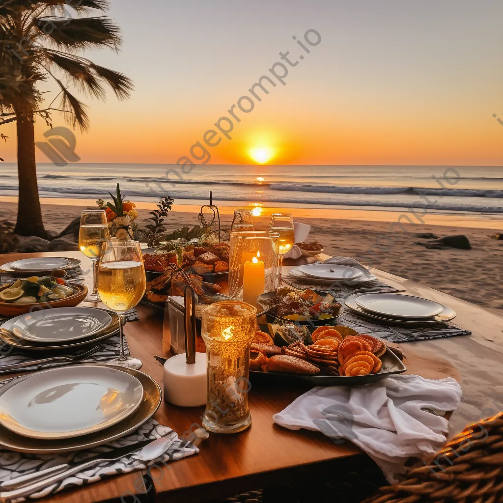 Outdoor beachfront dining with families enjoying seafood at sunset - Image 4