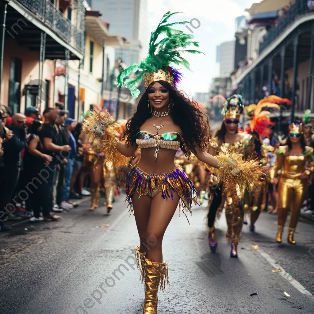 Colorful dancers and crowds celebrating during a Mardi Gras parade. - Image 1