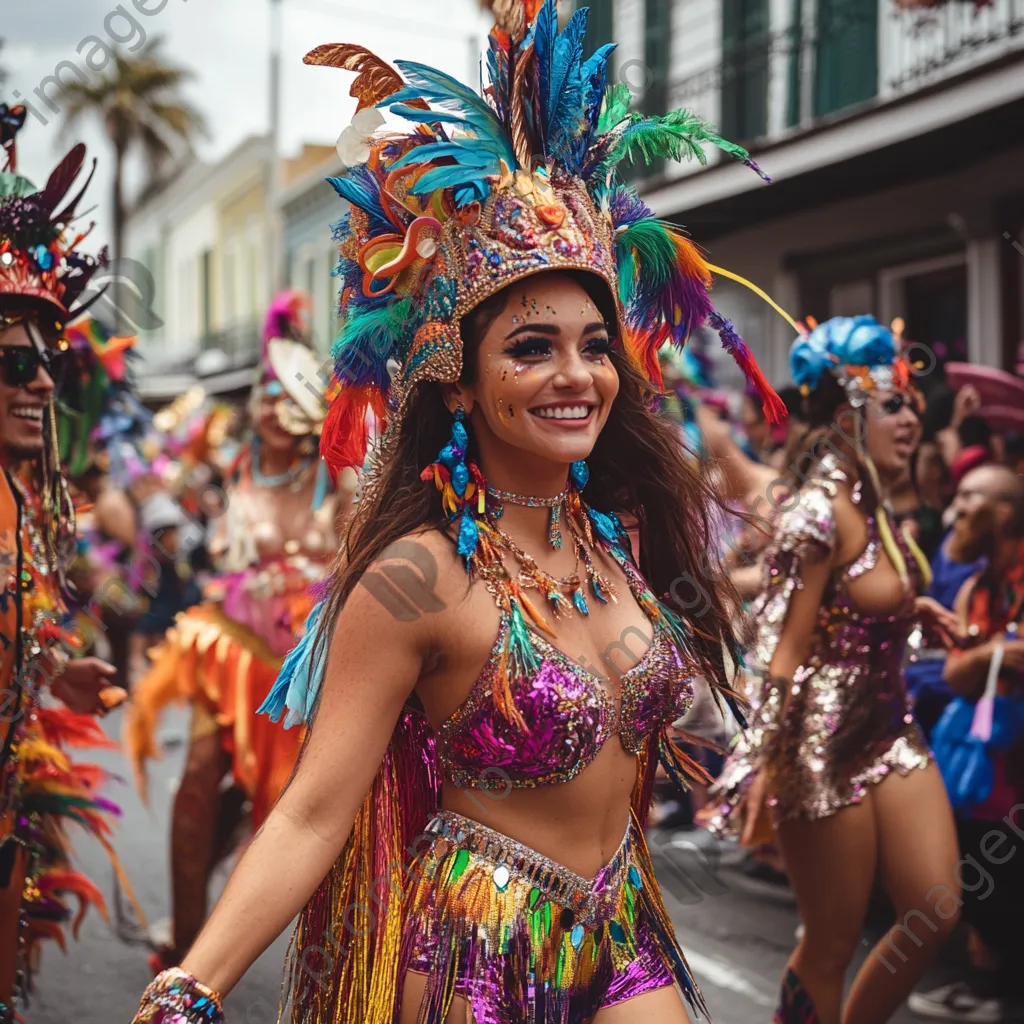 Colorful dancers and crowds celebrating during a Mardi Gras parade. - Image 2