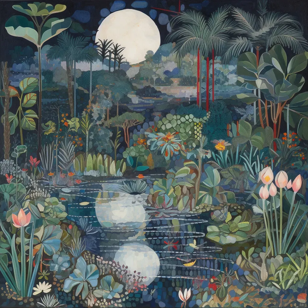 Image of a moonlit tropical garden with exotic plants, lily pads, and fireflies - Image 2