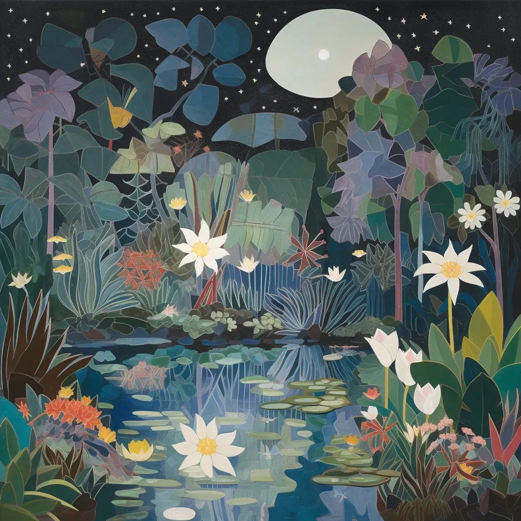 Image of a moonlit tropical garden with exotic plants, lily pads, and fireflies - Image 4