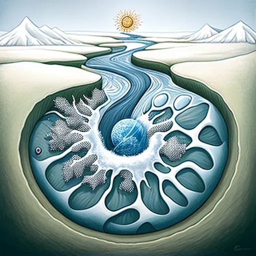 Picture of a snowflake melting into a stream flowing into a vast ocean - Image 1