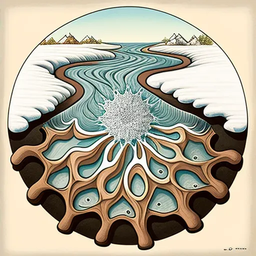 Picture of a snowflake melting into a stream flowing into a vast ocean - Image 2