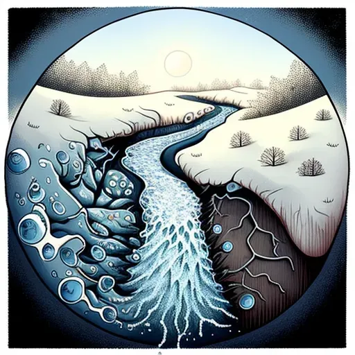 Picture of a snowflake melting into a stream flowing into a vast ocean - Image 4