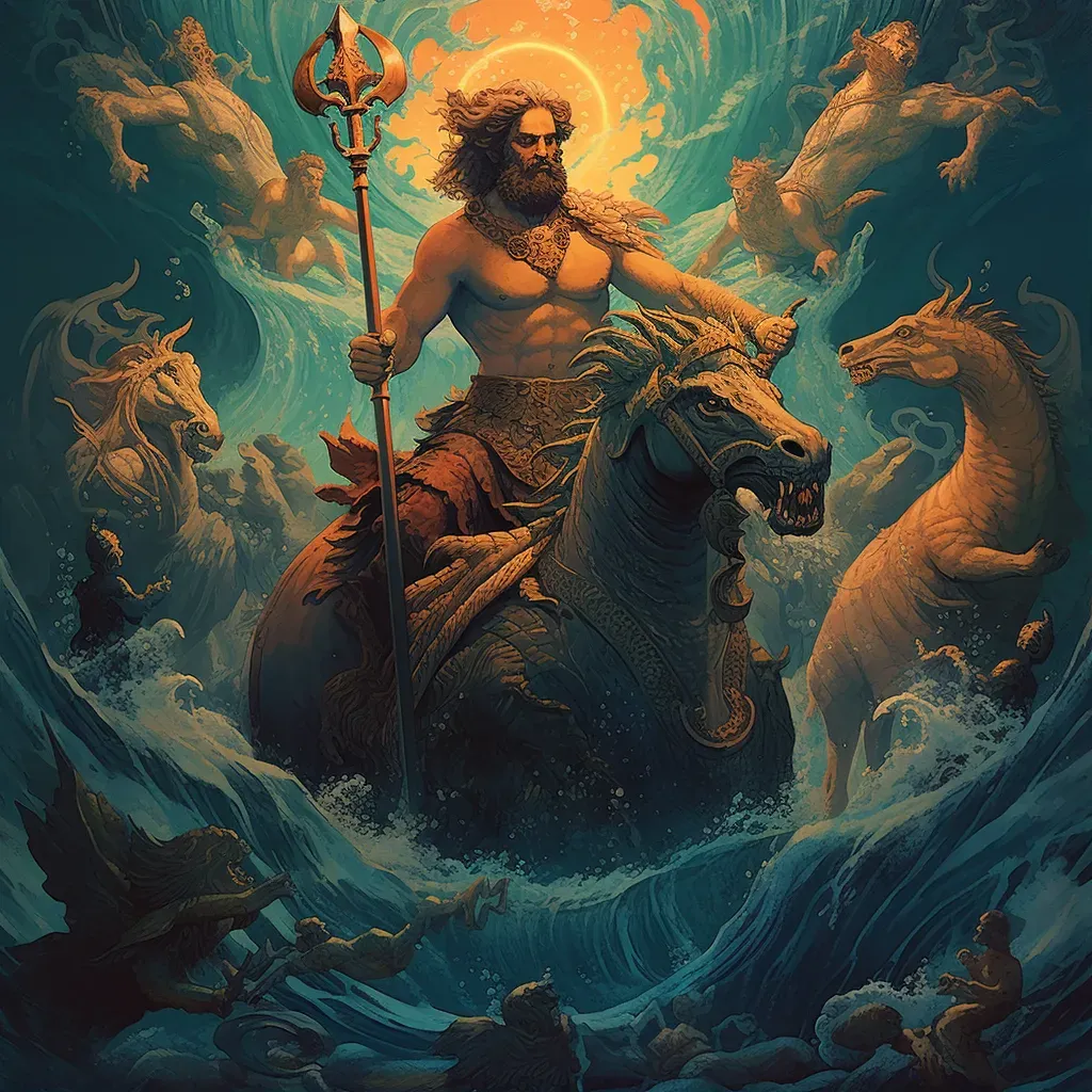 Poseidon, God of Sea, on Chariot with Seahorses