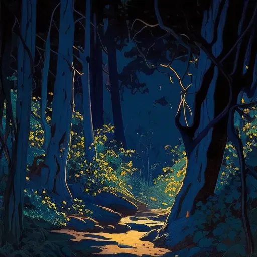 Image of fireflies lighting up a dark forest at night - Image 1