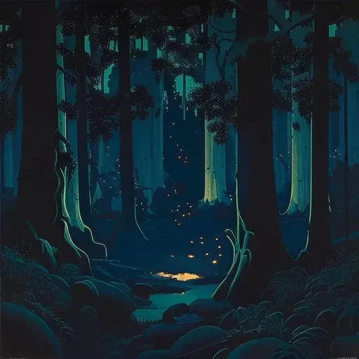 Image of fireflies lighting up a dark forest at night - Image 3