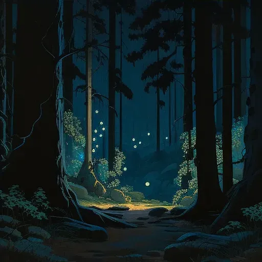 Image of fireflies lighting up a dark forest at night - Image 4