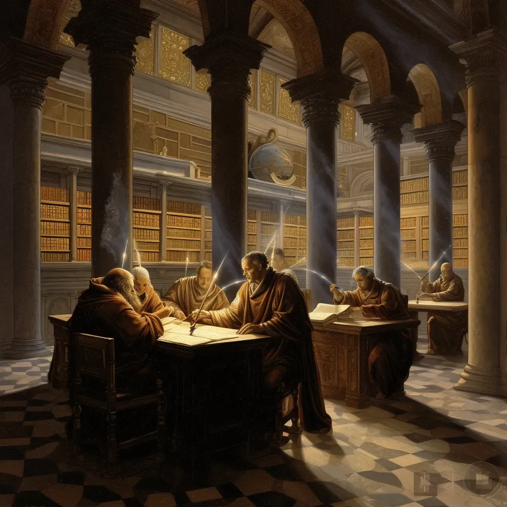 Ancient library scene with scholars studying texts - Image 1