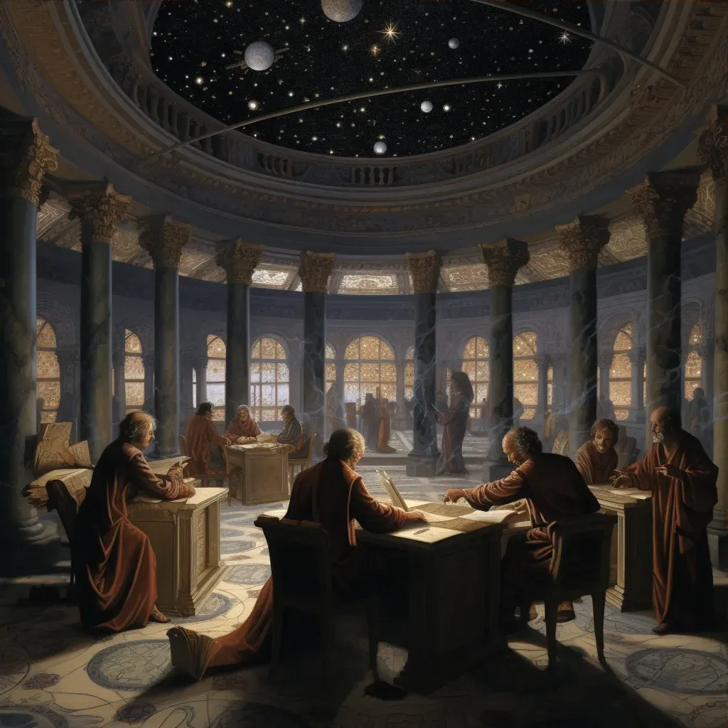 Ancient library scene with scholars studying texts - Image 3