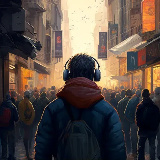 Illustration of a person listening to music on a crowded street - Image 1