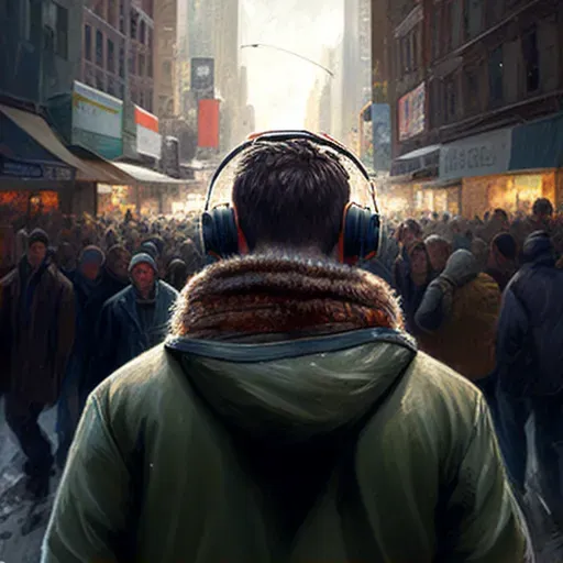 Illustration of a person listening to music on a crowded street - Image 2