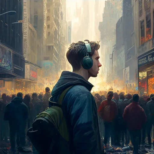 Illustration of a person listening to music on a crowded street - Image 4